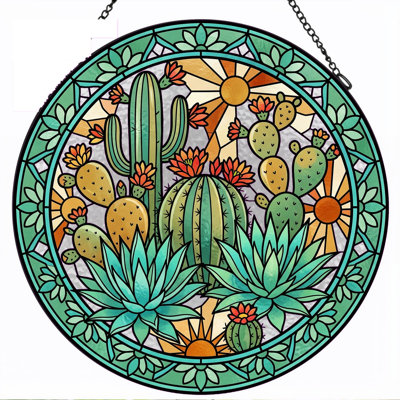 Cactus Garden Stained Glass Window Panel，12"H
