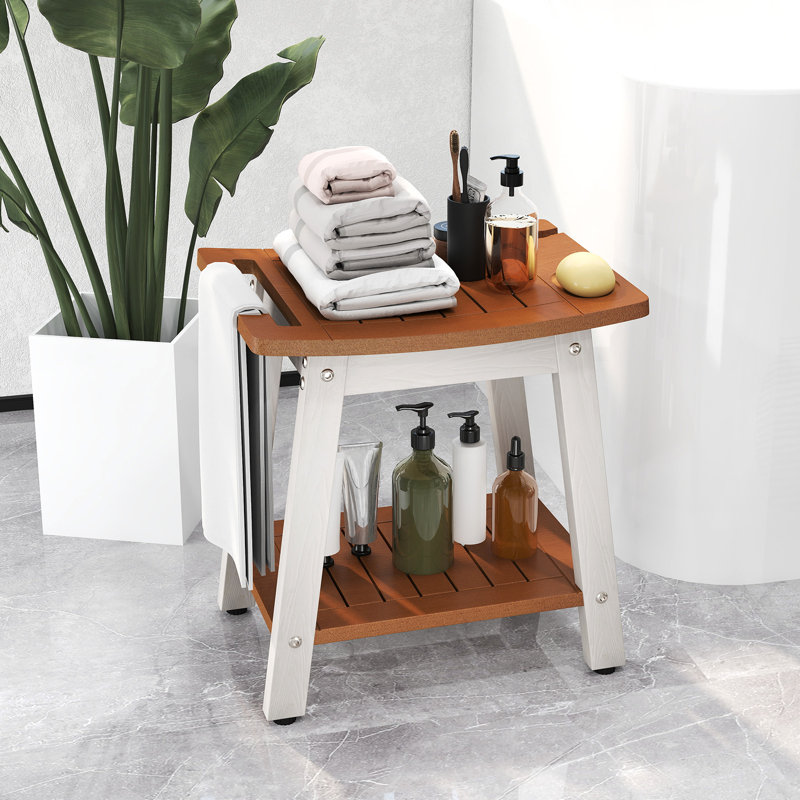Banc de douche Tabouret de douche avec poignée et porte-savon, Brun / Blanc