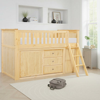 Ito Transitional Wood Low Loft Bunk Bed with Integrated Bookcase, Dual Dressers & Foundation-Free Design