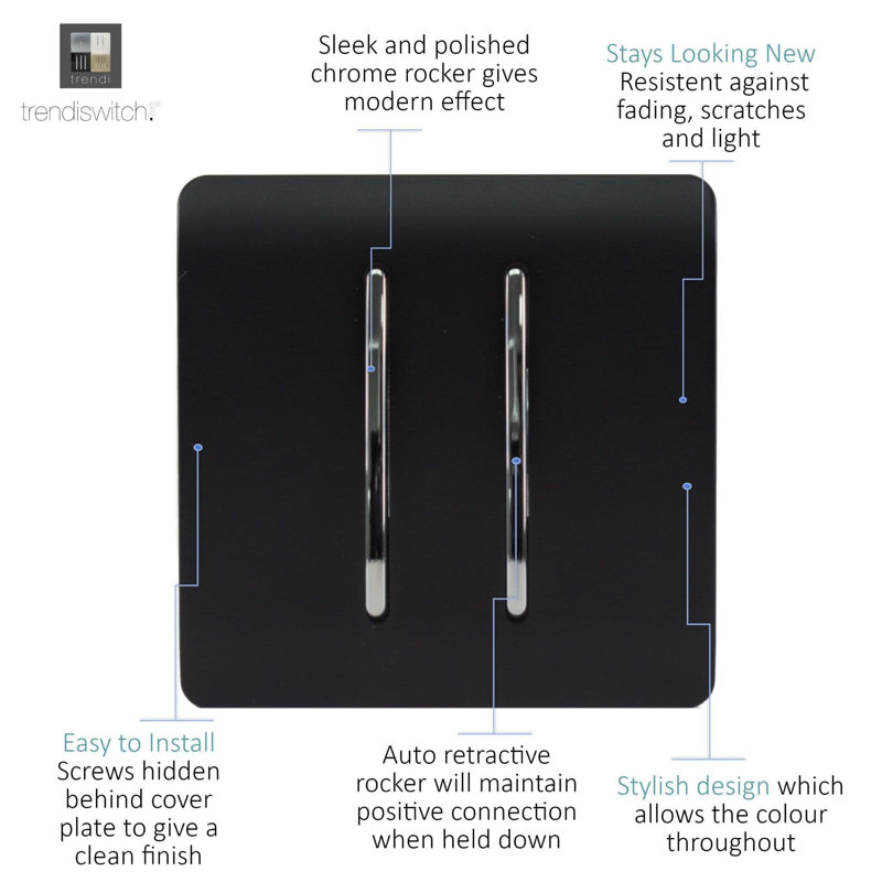 Trendi Switch 2 Gang Retractive Home Automation Switch, Matt Black