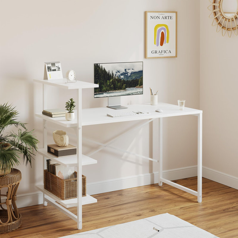 Lintz Metal Base Writing Desk, White, White, 98.04cm H x 101.6cm W x 73.15cm D