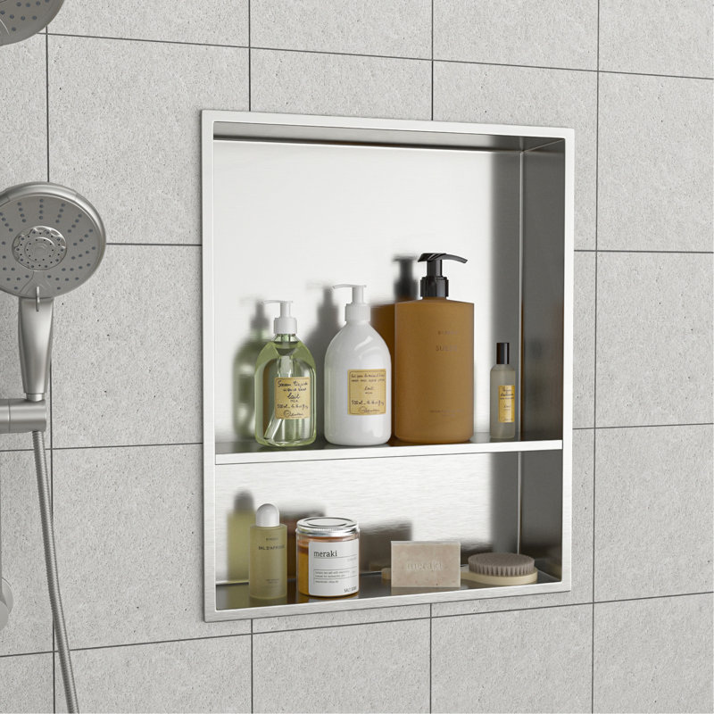 Stainless Steel Shower Niche Double Shelf, Brushed Nickel, 3.94" H x 21" W x 17" D, Brushed Nickel