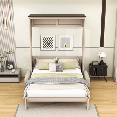 Grand lit escamotable en bois avec canapé rembourré et lumières DEL