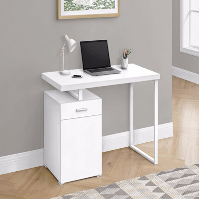 Bureau d'ordinateur, bureau personnel, ordinateur portable, installation à gauche, à droite, tiroirs de rangement, L 48 po, bureau, stratifié blanc, métal blanc, contemporain, moderne