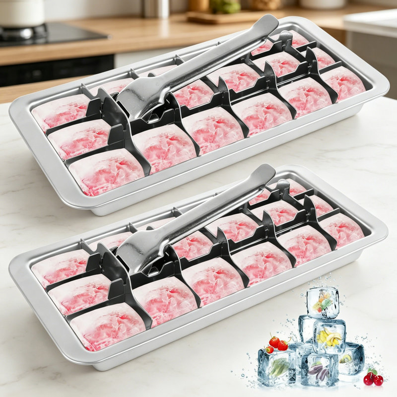 Set of 2 Stainless Steel Ice Cube Trays, 18-Cavity Detachable Metal Ice Maker with Easy Release Lever Handle, Removable Square Ice Cube Mould for Freezer, Multi-Use for Ice Cubes, Frozen Juice & Baby Food