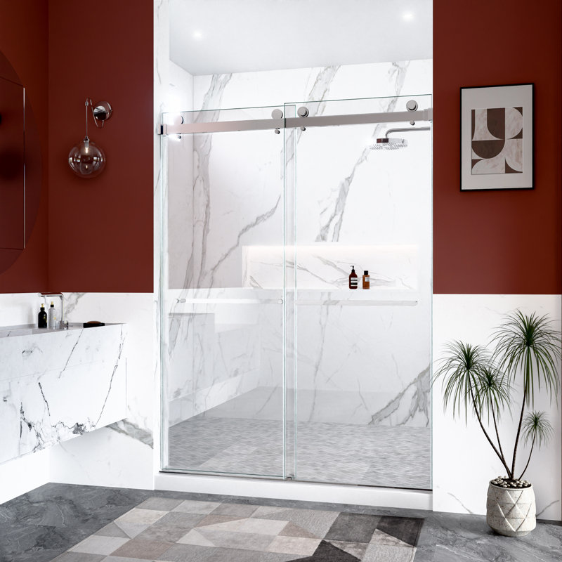 Porte de douche coulissante double sans cadre l 56 à 60 po x H 80 po, porte en verre trempé épais de 3/8 po (10 mm) de style SGCC, chrome