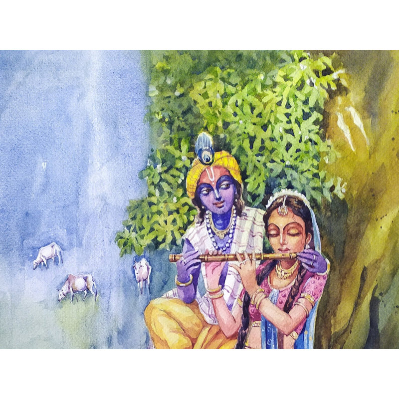 Radha Playing Flute | Watercolor On Paper | By Sarat Shaw