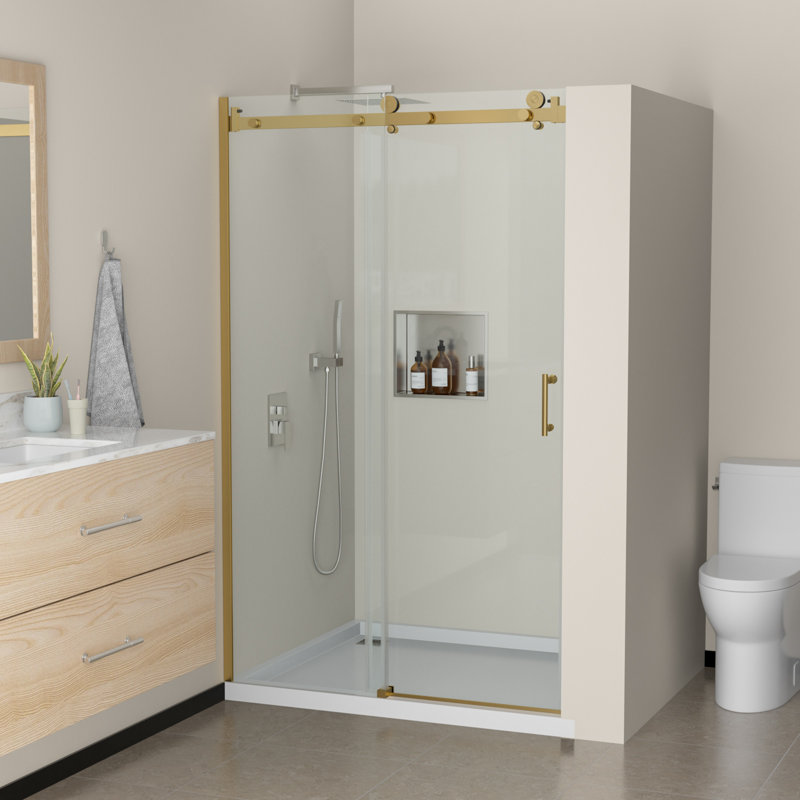 48" W x 76" H Single Sliding Frameless Shower Door with Clear Tempered Glass, Stainless Steel Hardware, Reversible Installation, Walk-In Shower Door Enclosure