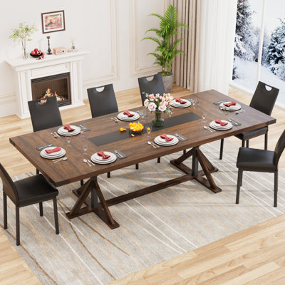 Dariusz Farmhouse Dining Table, Kitchen Rectangular Large Rustic Dinner Table, Adjustable Leg For Dining Living Room
