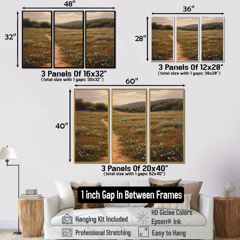 «Country Round Through Blossoming Meadow», ensemble de reproductions d'art mural, H 40 po x l 60 po x P 1 po