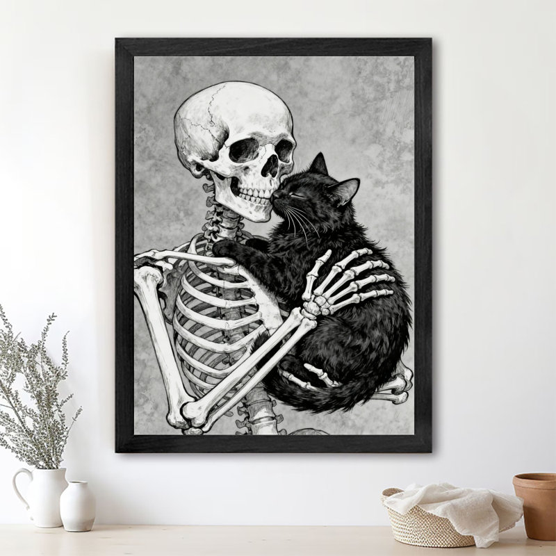 Art encadré noir rétro Le contraste entre la vie et la mort et la chaleur, squelette embrassant un chat, art mural