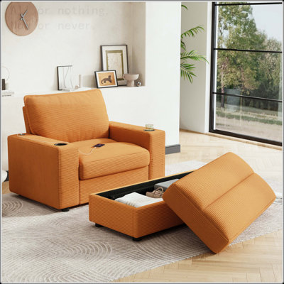 Méridienne surdimensionnée de 42,8 po avec repose-pieds avec rangement, canapé-lit en velours côtelé avec porte-gobelets et port de charge USB, canapé-lit rembourré
