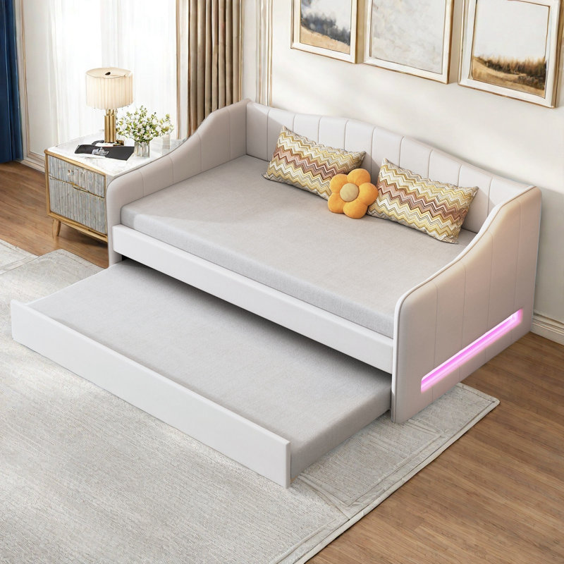 Modern Upholstered Daybed with LED Belt and Trundle Taniece, White