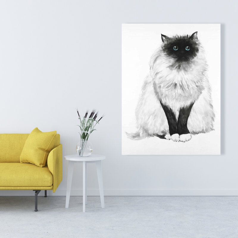 Blue Eyes Fluffy Siamese Cat - Monochrome White Canvas Decor