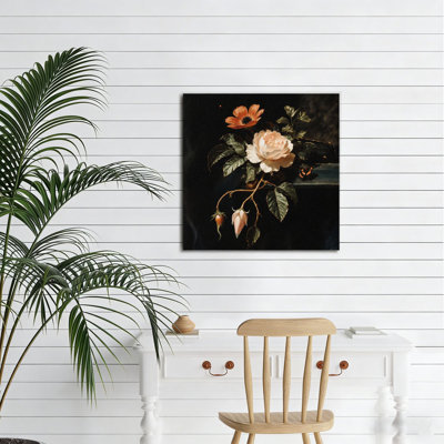 Bouquet de roses et d'anémones pêche, cadre en bois intégré, 16 x 16