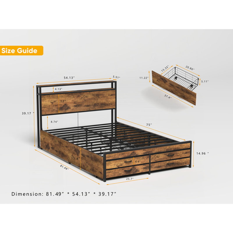 Lit de rangement avec 8 tiroirs de rangement, tête de lit à DEL avec station de charge, Double