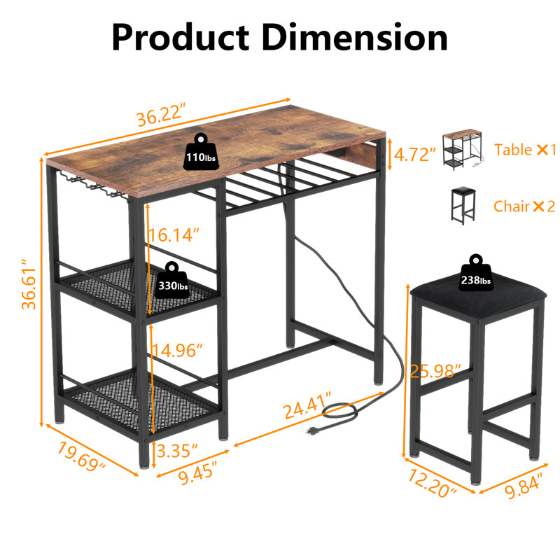Bar Table and Chairs Set with Power Outlet, Pub Table and Chairs Set for 2 with 2 Storage Shelves, Brown