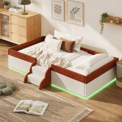 Upholstered Floor Bed with Fence, LED Lights, and 2-Tier Steps