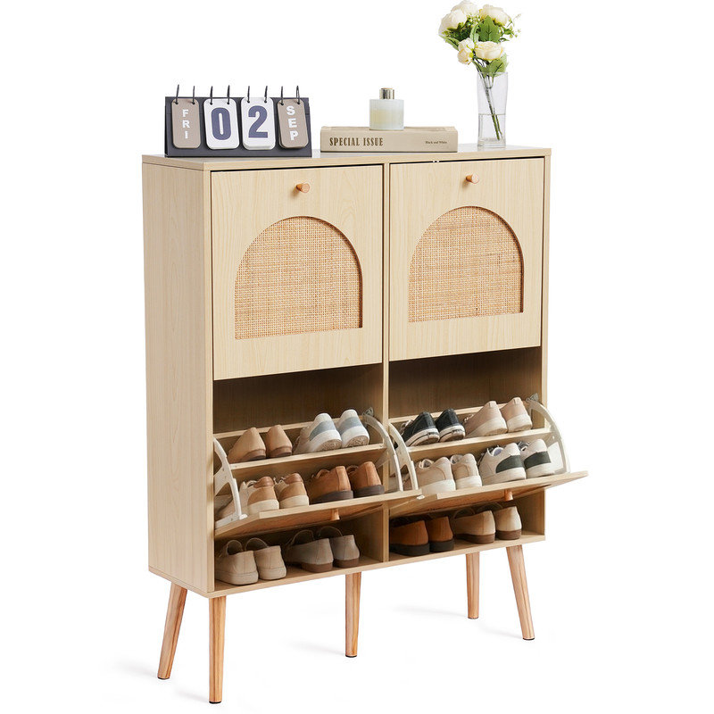 16 Pair Shoe Storage Cabinet, Medium Yellow Wood