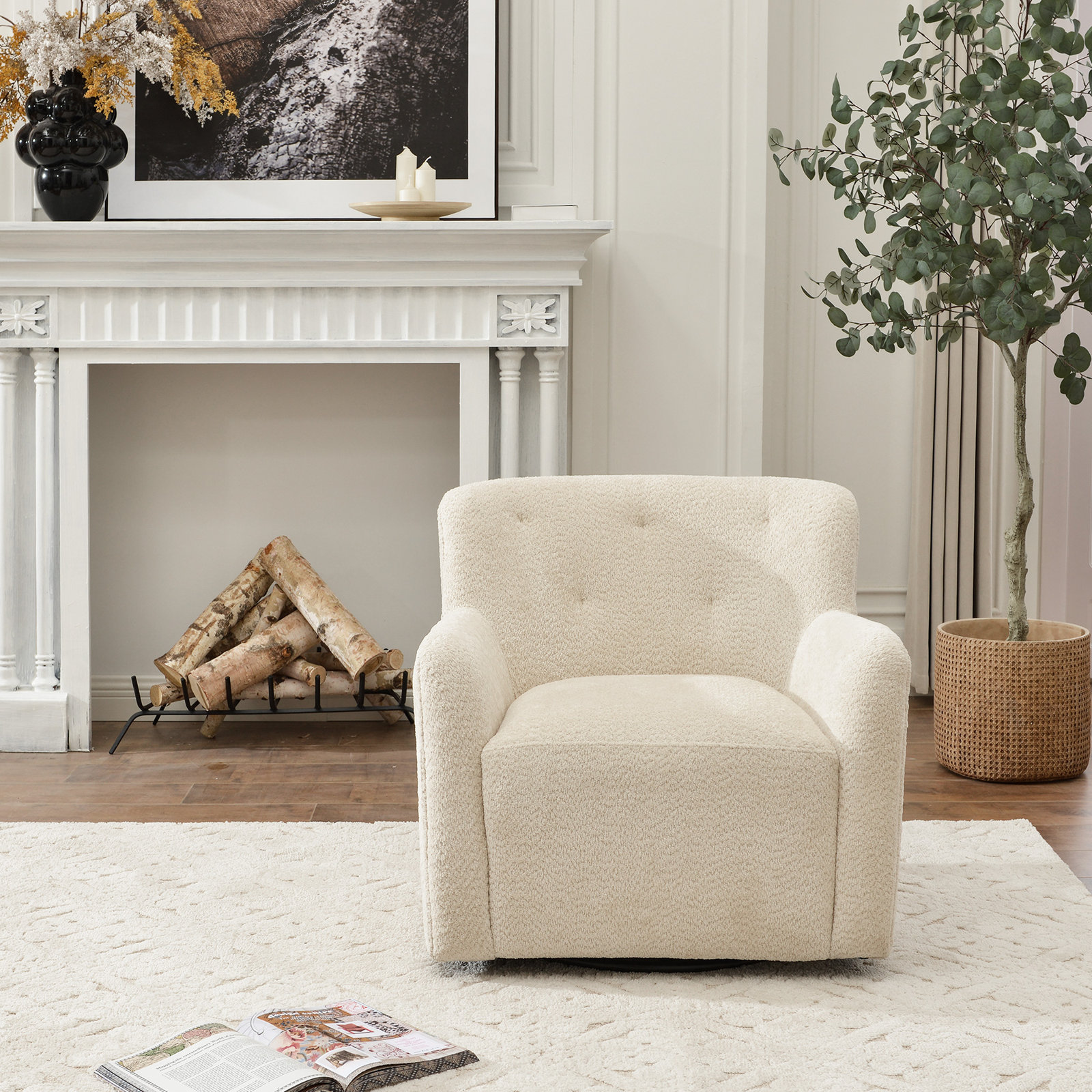 Fae Pine Swivel Armchair, Natural Textured Chenille