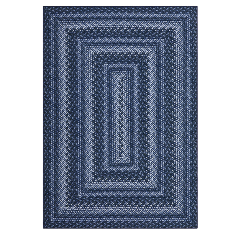 8x10 Farmhouse Jute Style Rug, Braided Print Washable Carpet, Non Slip Non Shedding Foldable Mat for Living Room, Blue