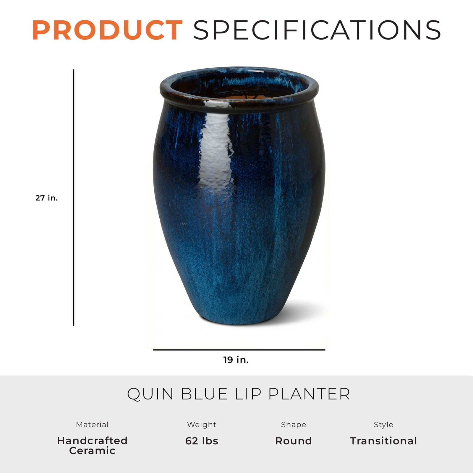 Blasdell Ceramic Pot Planter, 27" H x 19" W x 19" D, Quin Blue