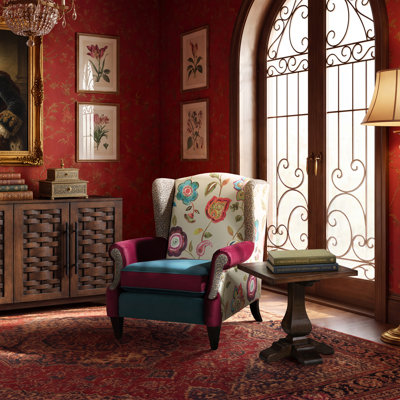 Fauteuil d'appoint Anya Boho Chic à oreilles, imprimé floral sarcelle et bordeaux sur tissu