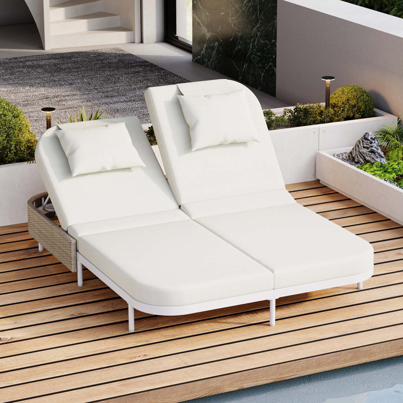 Patio Rattan Daybed With 5-Position Adjustable Backrest And Removable Cushions&Pillows, White