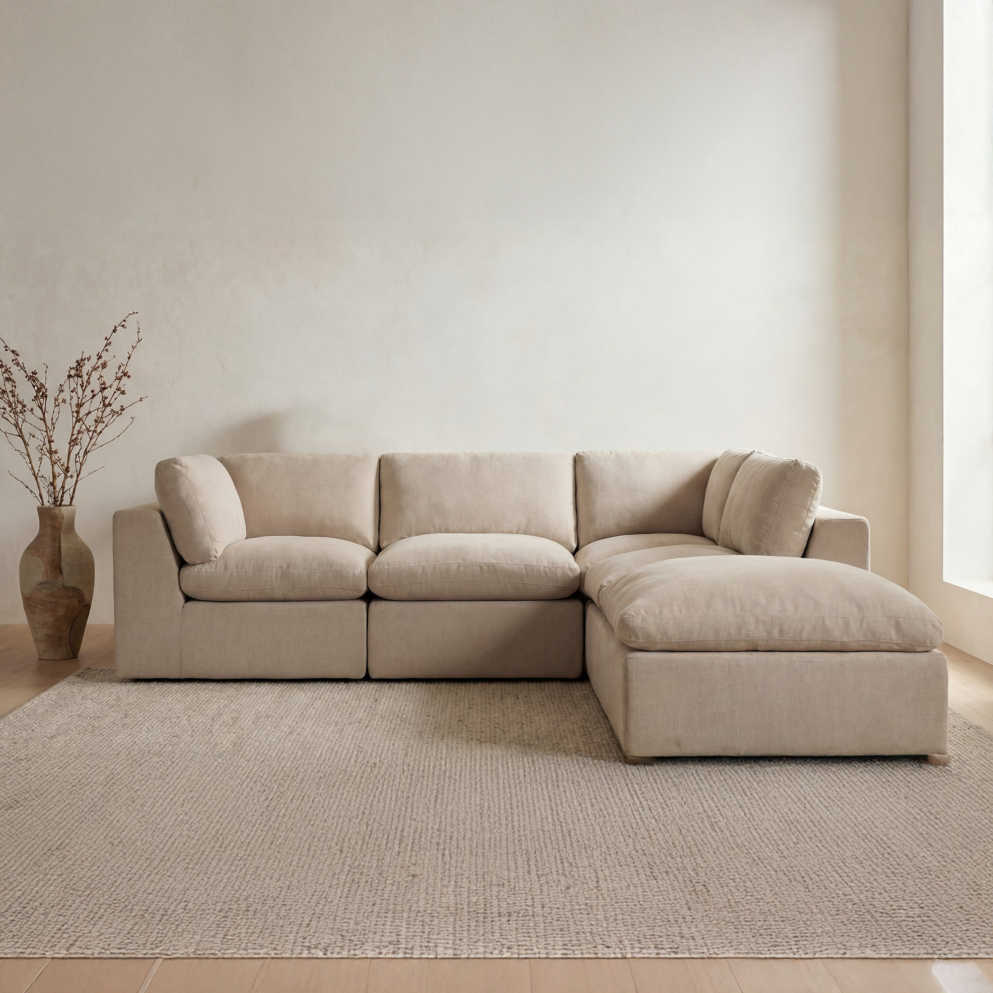 Calder 4-Piece Frameless Modular Sectional w/ Ottoman, Beige Polyester