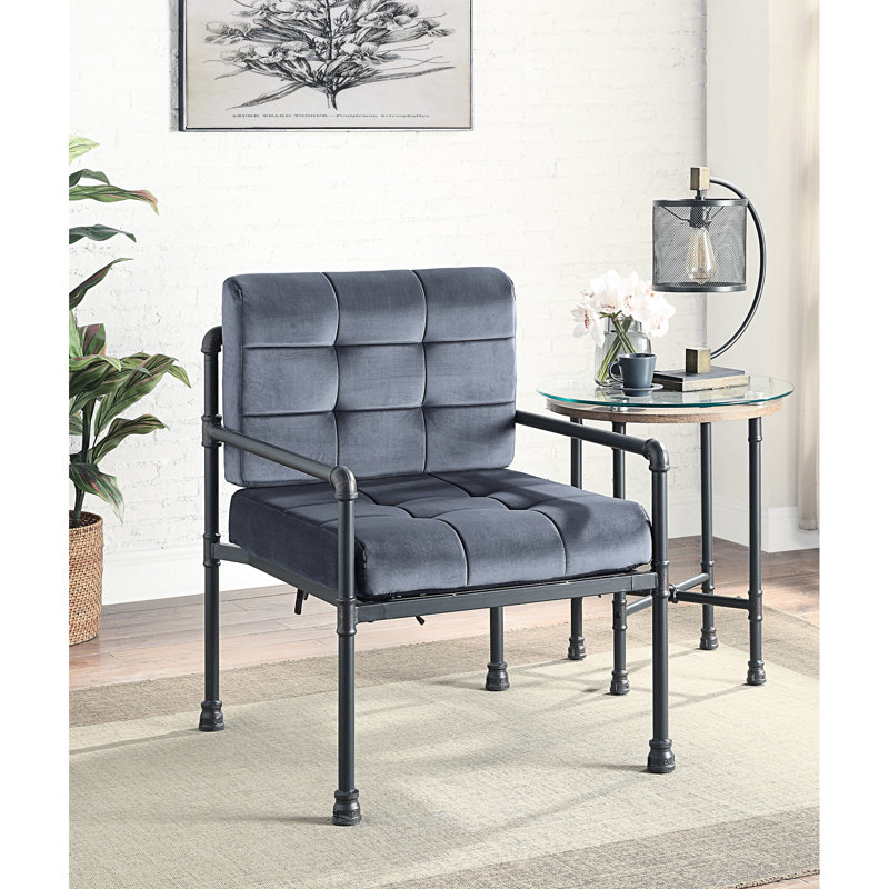 Fauteuil d'appoint à structure métallique avec revêtement gris, style tuyau d'eau, largeur du siège 61 cm, profondeur 51 cm, en velours, densité de mousse D20, poids du produit : 13,1 kg