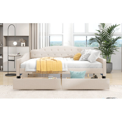 Upholstered Tufted Daybed with Two Drawers
