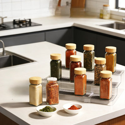 Expandable Spice Rack Organizer - 3-Tier Adjustable Shelf For Kitchen Cabinet And Pantry Storage, Clear Plastic Tiered Spice Shelf With Non-Slip Surface For Enhanced Visibility And Space Efficiency