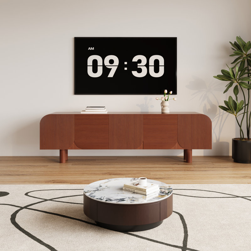 71'' TV Stand for Living Room, Wood TV Table with Four High Spiral Legs and Cabinets