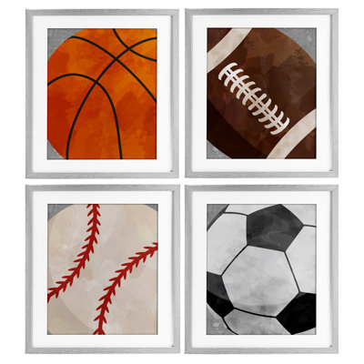 Team Sports Bouncing Fun, ensemble de 4 impressions encadrées sous verre, design par Christine Simpson Art