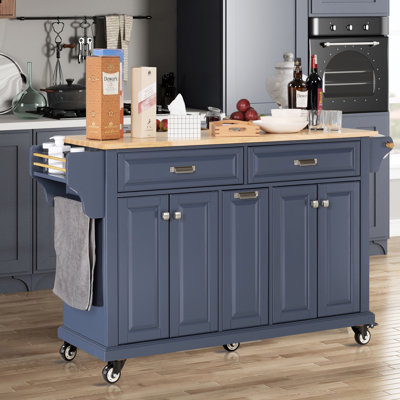 Chariot pour îlot de cuisine en bois d'hévéa avec 5 roulettes - 2 tiroirs supérieurs, double tiroir central, armoire de rangement, porte-serviettes et porte-épices