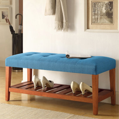 Banc bleu avec tablette ouverte en chêne et pieds fuselés en bois, sans dossier, siège rembourré, L 40 po x l 16 po H 18 po, rangement en tissu 24 lb, conception sans accoudoirs, coussin