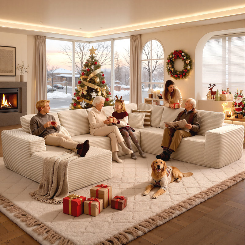 Cloudelle 4-Piece U-Shaped Plush Corduroy Sectional Sofa – No Assembly Required, Left Hand Facing, Beige Corduroy