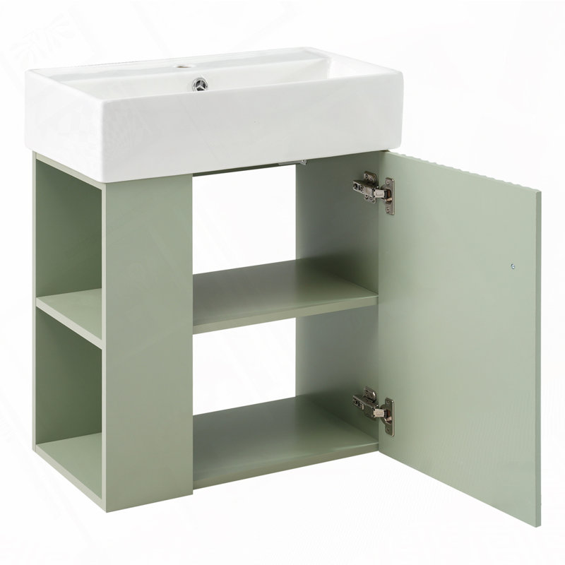 Meuble-lavabo flottant avec lavabo en céramique, Vert, Doré