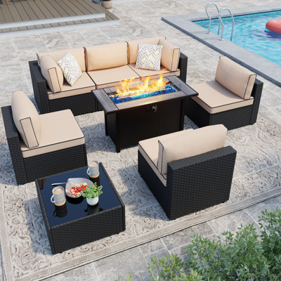 Bushrah 6-Person Outdoor Wicker Patio Seating Group with Cushions and Fire Pit