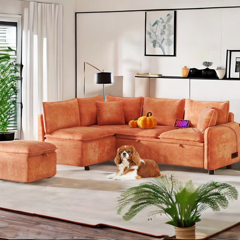 Ottobert 82.67'' Chenill Sectional sofa& Sofa Bed, Orange Chenille/Foam Padding
