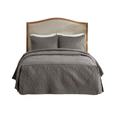 3 Piece Split Corner Pleated Quilted Bedspread Dark Grey Queen