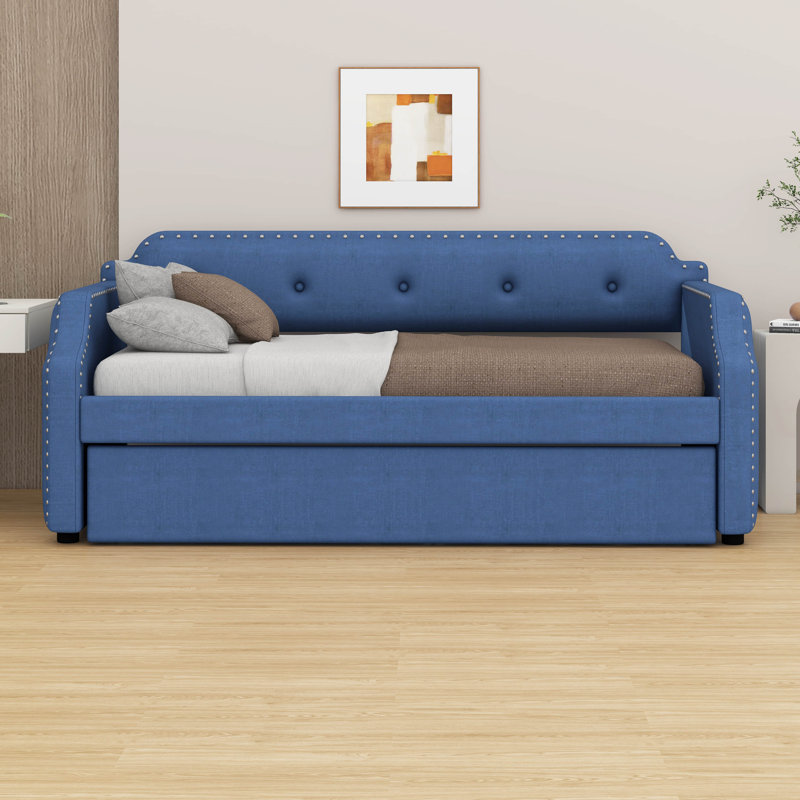 Daybed With Trundle, Upholstered Daybed Sofa Bed For Bedroom, Blue