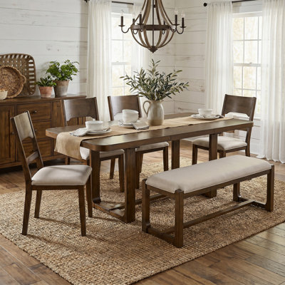 6-Piece Solid Wood Dining Table Set, Extendable Rectangular Dining Room Set with 4 Padded Chairs & Bench, 60"–84" Expandable Tabletop,Brown+Beige Cush