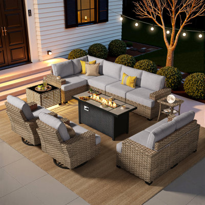 Tommy Wicker 9-person Modular Outdoor Sectional Seating Group With Swivel Chairs And Cushions, Patio Conversation Set With Fire Pit Table
