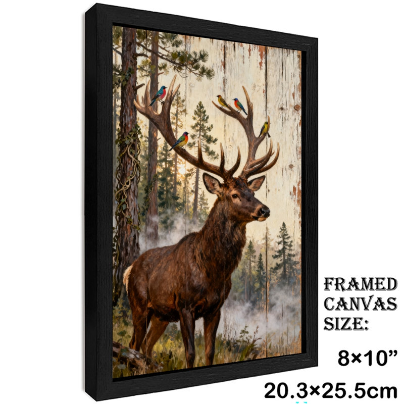 Reproduction d'art encadrée noire, cerf rétro se promenant dans la forêt, H 11 po x l 9 po