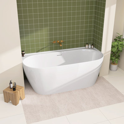 67" X 30.7" Back to Wall Acrylic Glossy White Bathroom Tub Deep Soaking Freestanding Bathtub With Overflow And Chrom Pop-up Drain