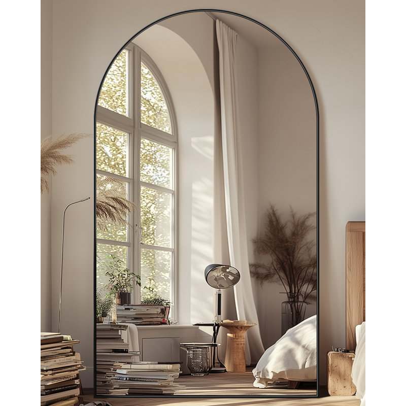 Miroir surdimensionné arqué en métal surdimensionné, Noir, 82 po x 44 po