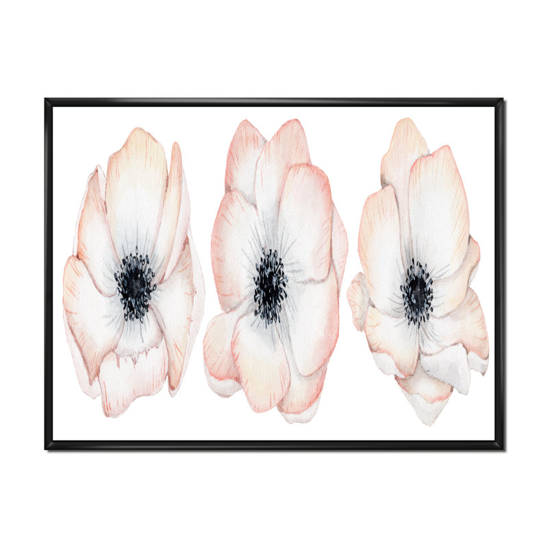 Aquarelle, anémone et fleurs roses - Peinture sur toile, H 12 po x l 20 po, Cadre flottant noir