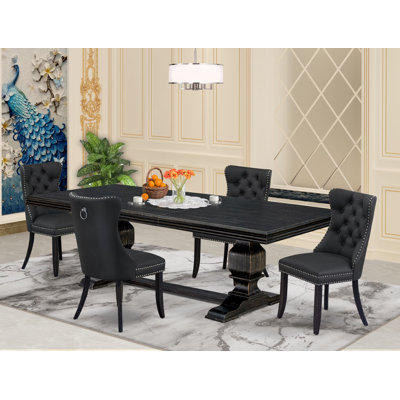 5 Pieces Modern Dining Set Includes a Rectangle Kitchen Table and 4 Dark Gray Polyester Fabric Dining Chairs, Sand Blasting Black