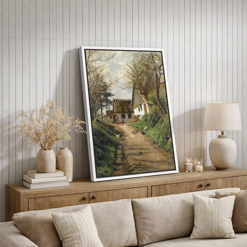 «Spring Country Farmhouse Path with Chickens», œuvre de pastorale rustique, impression sur toile encadrée